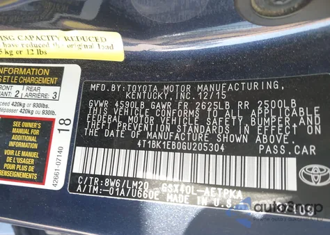 2016 Toyota Avalon Limited z USA, uszkodzony, nr VIN 4T1BK1EB0GU205304